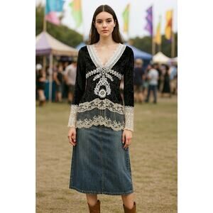 Passion Concept Black Burn Out Velvet Lace Top Pearl Stones Sz M Babydoll Goth